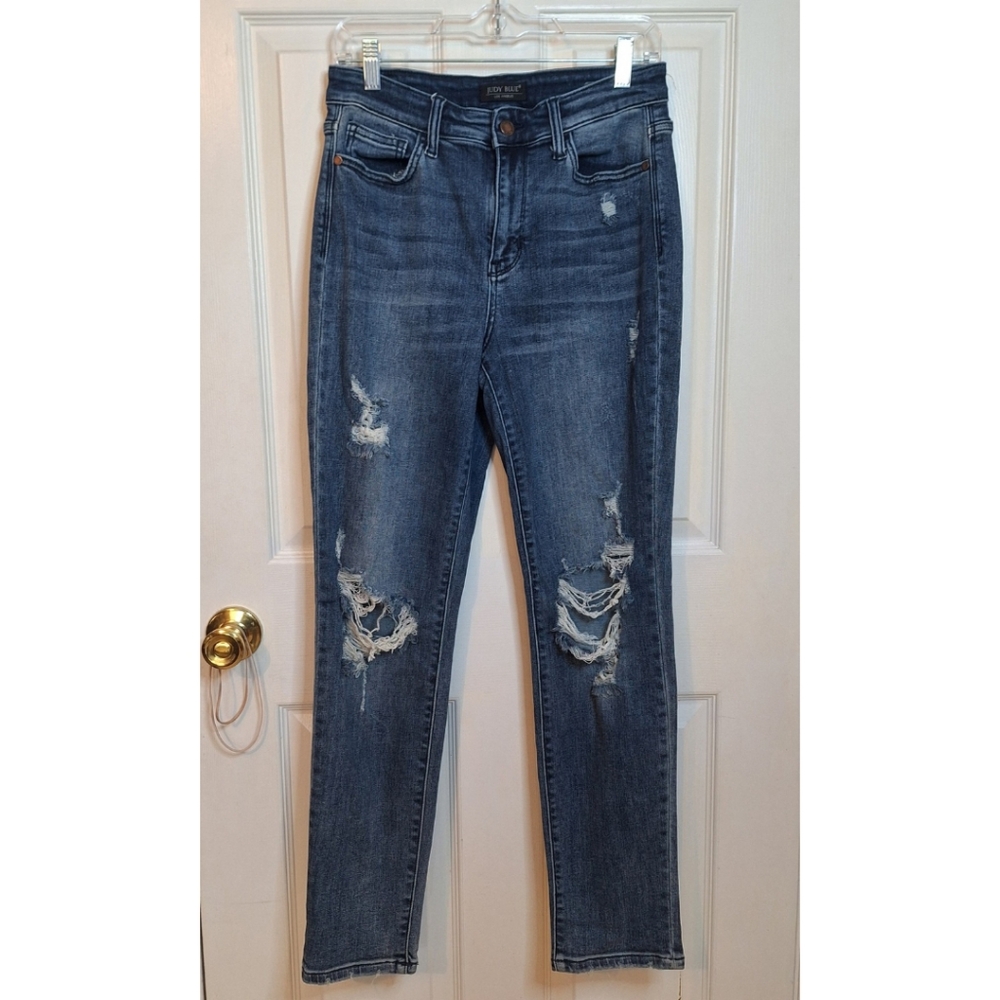 Judy Blue Dark Acid Wash Distressed Boyfriend Fit Jeans Relaxed Mid Rise Size 27